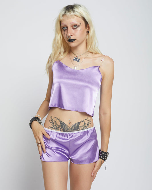 Gleamy Dreamy Satin Shorts in Lavender