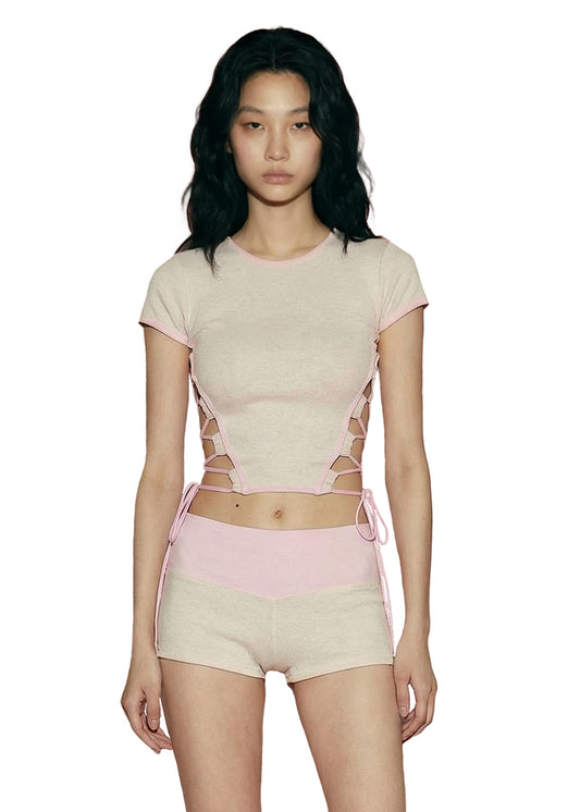 PLAIN STRAWBERRY LACE UP TOP